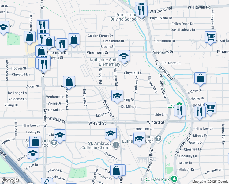 map of restaurants, bars, coffee shops, grocery stores, and more near 4906 Vista Village Lane in Houston