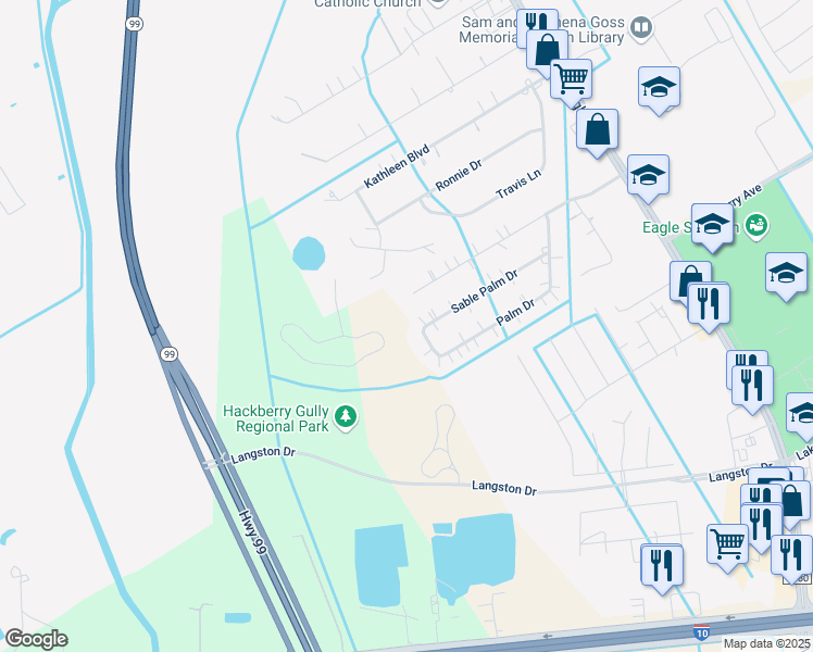 map of restaurants, bars, coffee shops, grocery stores, and more near 2919 Sable Palm Drive in Baytown