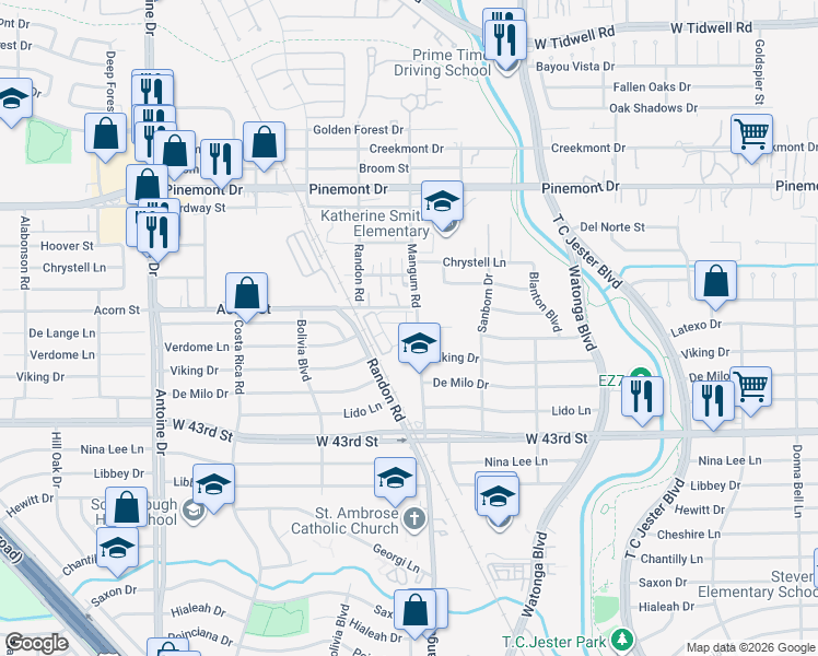 map of restaurants, bars, coffee shops, grocery stores, and more near 4906 Vista Village Lane in Houston