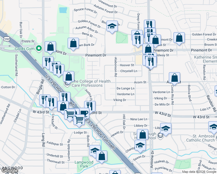 map of restaurants, bars, coffee shops, grocery stores, and more near 6023 Acorn Street in Houston