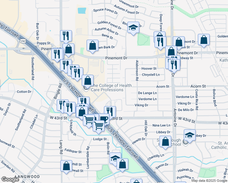 map of restaurants, bars, coffee shops, grocery stores, and more near 1 Justice Park Drive in Houston