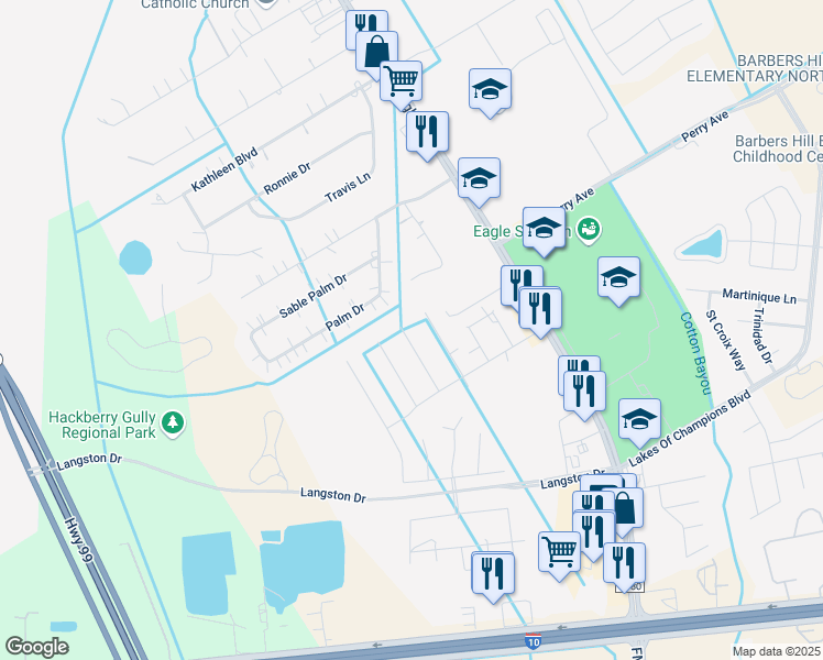 map of restaurants, bars, coffee shops, grocery stores, and more near 9710 Crestwood in Baytown