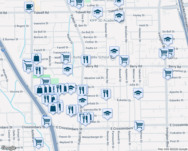map of restaurants, bars, coffee shops, grocery stores, and more near 113 Meadow Lea Drive in Houston