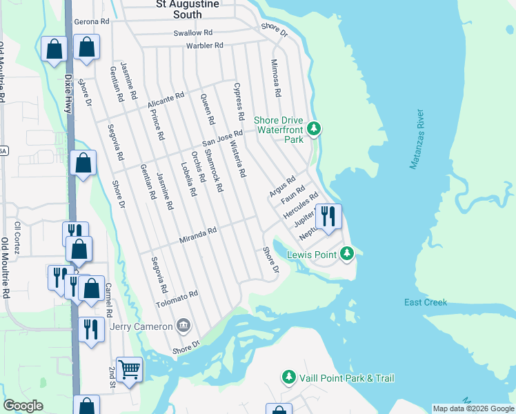 map of restaurants, bars, coffee shops, grocery stores, and more near 271 Wisteria Road in St. Augustine