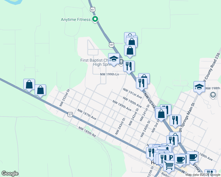 map of restaurants, bars, coffee shops, grocery stores, and more near 24709 Northwest 198th Road in High Springs