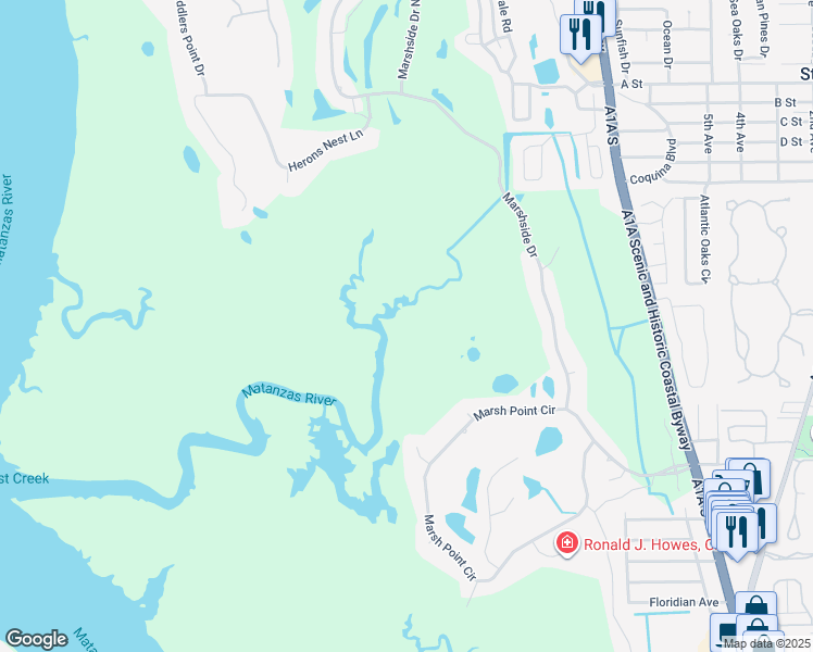 map of restaurants, bars, coffee shops, grocery stores, and more near in Saint AUG BEACH