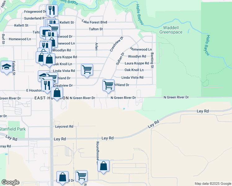 map of restaurants, bars, coffee shops, grocery stores, and more near 9211 North Green River Drive in Houston