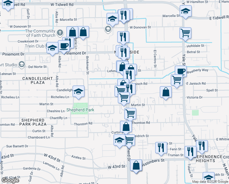map of restaurants, bars, coffee shops, grocery stores, and more near 703 Janisch Road in Houston