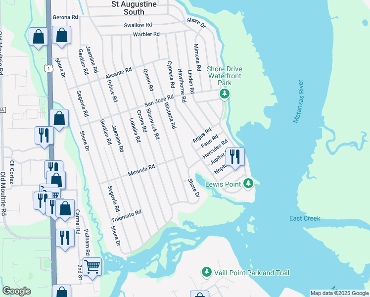 map of restaurants, bars, coffee shops, grocery stores, and more near 271 Wisteria Road in St. Augustine