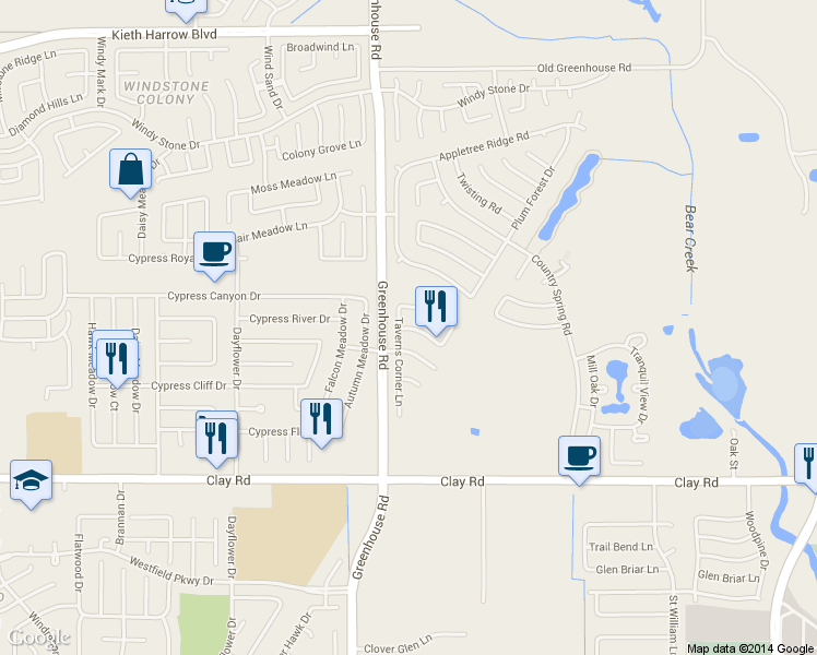 map of restaurants, bars, coffee shops, grocery stores, and more near 19038 Winding Stream Lane in Houston