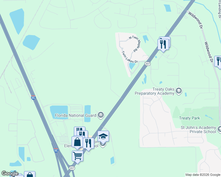 map of restaurants, bars, coffee shops, grocery stores, and more near 2255 State Road 207 in St. Augustine