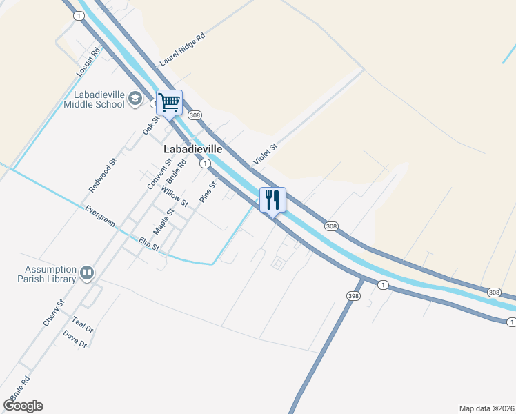 map of restaurants, bars, coffee shops, grocery stores, and more near Highway 1 in Labadieville