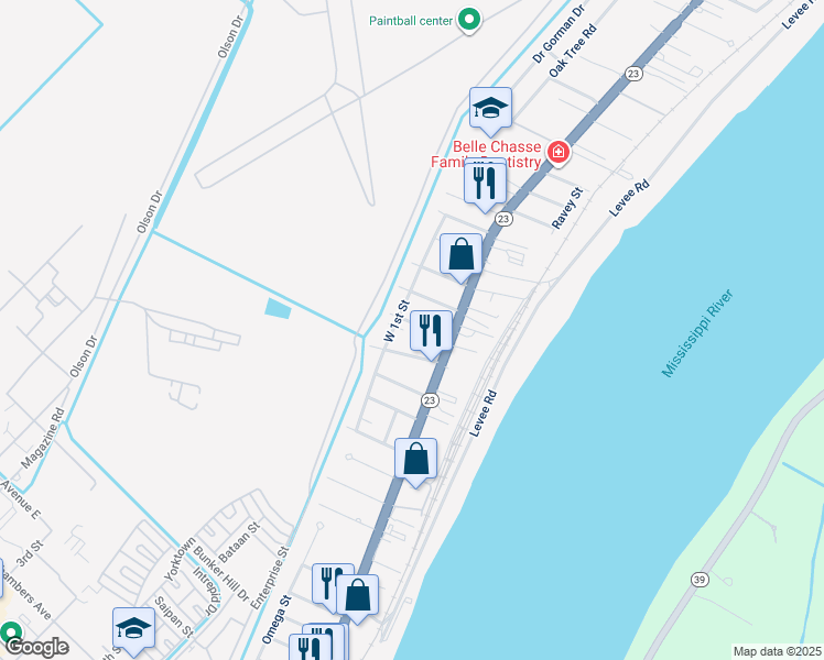 map of restaurants, bars, coffee shops, grocery stores, and more near 113 Overseas Avenue in Belle Chasse