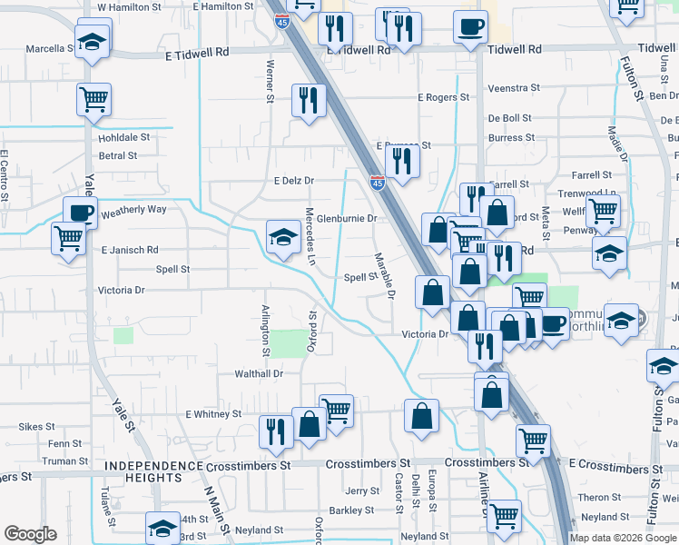 map of restaurants, bars, coffee shops, grocery stores, and more near 603 Spell Street in Houston