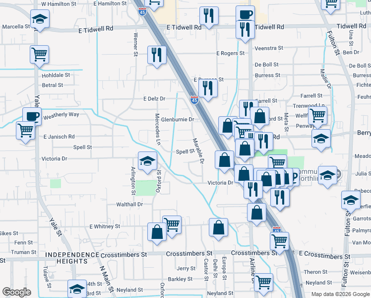 map of restaurants, bars, coffee shops, grocery stores, and more near 631 Spell Street in Houston