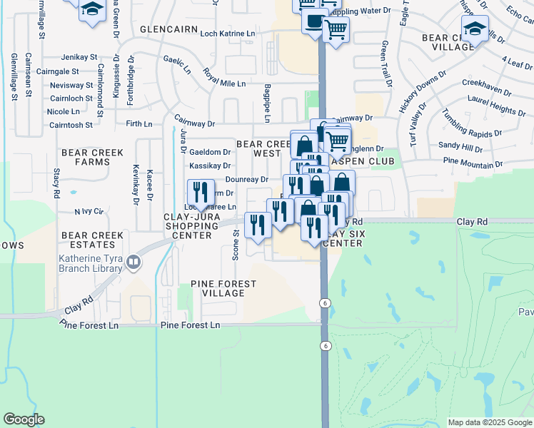 map of restaurants, bars, coffee shops, grocery stores, and more near 16222 Clay Road in Houston