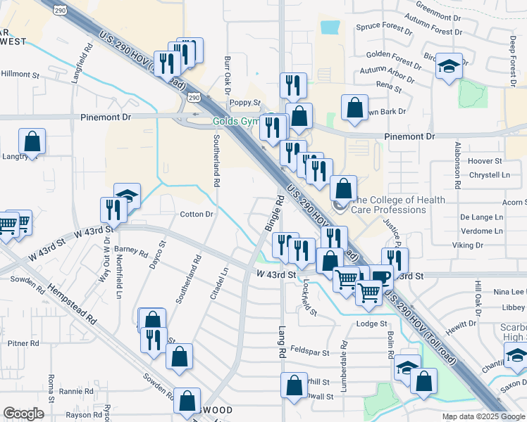 map of restaurants, bars, coffee shops, grocery stores, and more near 6710 Cotton Drive in Houston