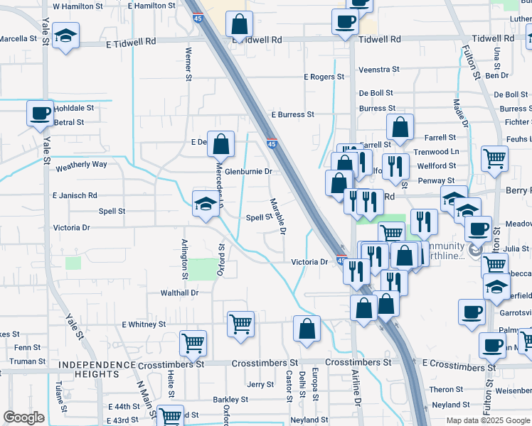 map of restaurants, bars, coffee shops, grocery stores, and more near 631 Spell Street in Houston