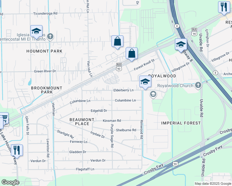 map of restaurants, bars, coffee shops, grocery stores, and more near 13206 Elderberry Ln in Houston