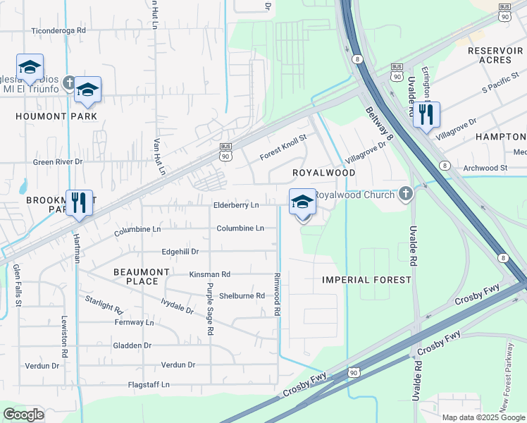 map of restaurants, bars, coffee shops, grocery stores, and more near 13334 Elderberry Lane in Houston