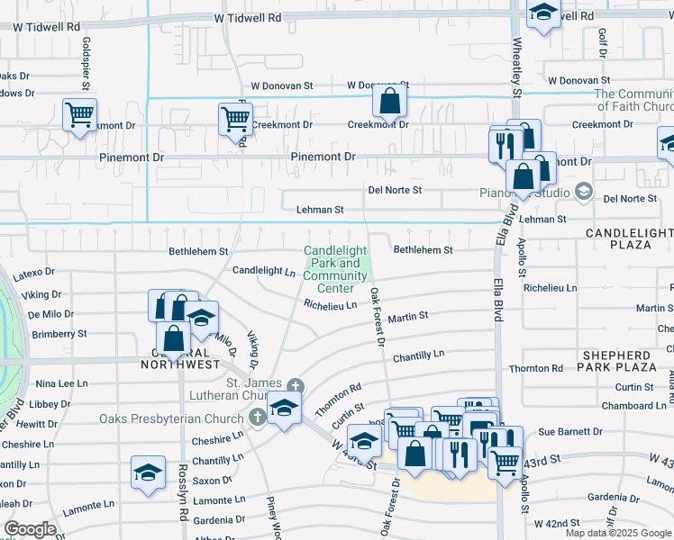 map of restaurants, bars, coffee shops, grocery stores, and more near 1520 Candlelight Lane in Houston