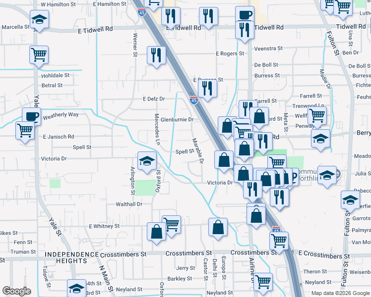 map of restaurants, bars, coffee shops, grocery stores, and more near 631 Spell Street in Houston