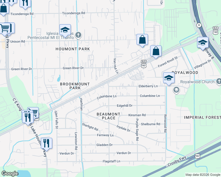 map of restaurants, bars, coffee shops, grocery stores, and more near 13002 Elderberry Lane in Houston