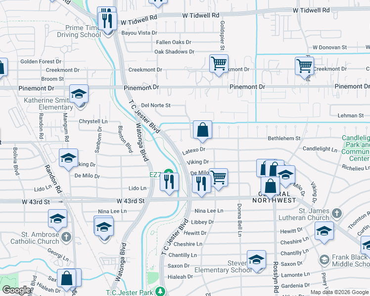 map of restaurants, bars, coffee shops, grocery stores, and more near 2226 Latexo Drive in Houston