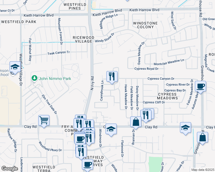 map of restaurants, bars, coffee shops, grocery stores, and more near 19919 Owens Trace Ln in Katy