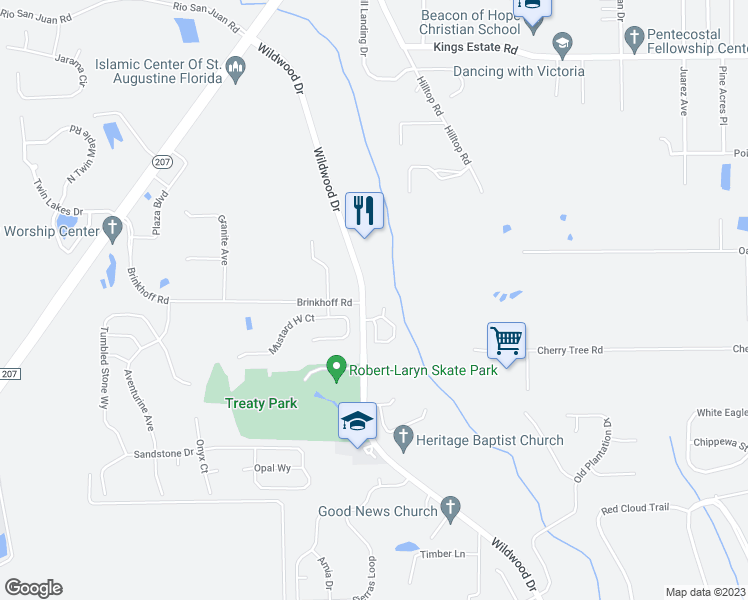 map of restaurants, bars, coffee shops, grocery stores, and more near 1700 Wildwood Drive in St. Augustine