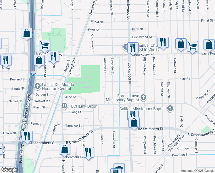 map of restaurants, bars, coffee shops, grocery stores, and more near 8308 Autumn Lane in Houston