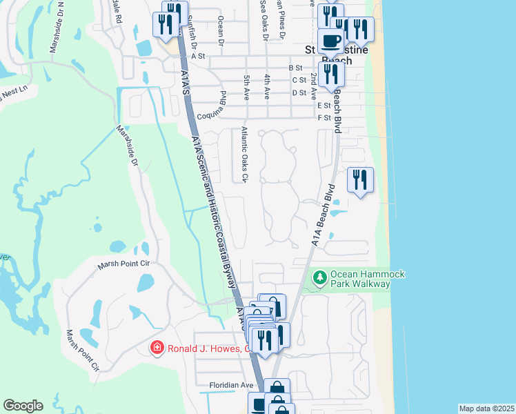 map of restaurants, bars, coffee shops, grocery stores, and more near 60 Magnolia Dunes Circle in St. Augustine
