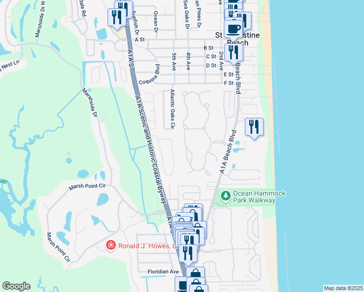 map of restaurants, bars, coffee shops, grocery stores, and more near 60 Magnolia Dunes Circle in St. Augustine