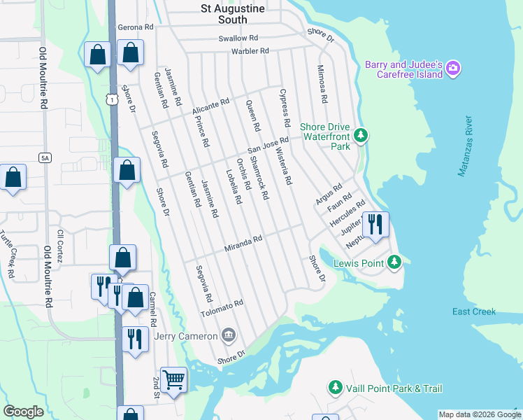 map of restaurants, bars, coffee shops, grocery stores, and more near 357 Orchis Road in St. Augustine
