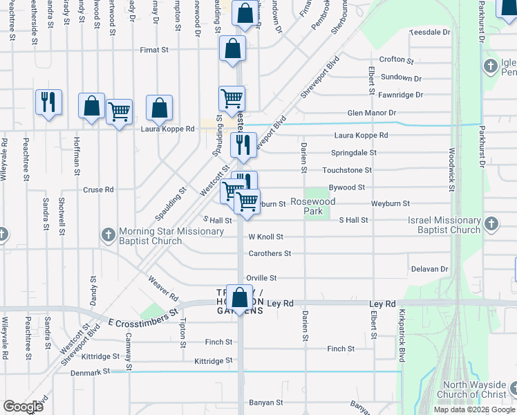 map of restaurants, bars, coffee shops, grocery stores, and more near 7106 Weyburn Street in Houston