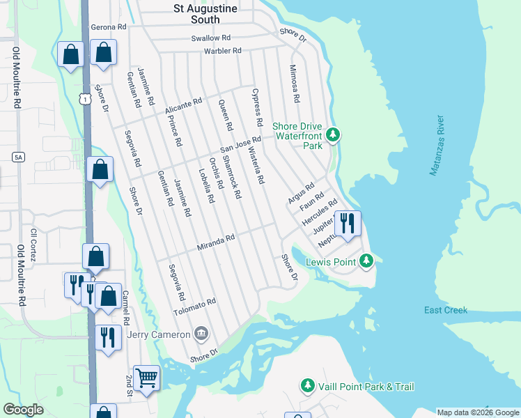 map of restaurants, bars, coffee shops, grocery stores, and more near 865 Queen Road in St. Augustine