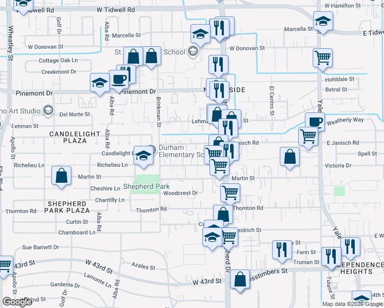 map of restaurants, bars, coffee shops, grocery stores, and more near 828 Oak Street in Houston