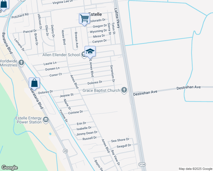 map of restaurants, bars, coffee shops, grocery stores, and more near 2600 Jeanne Street in Marrero