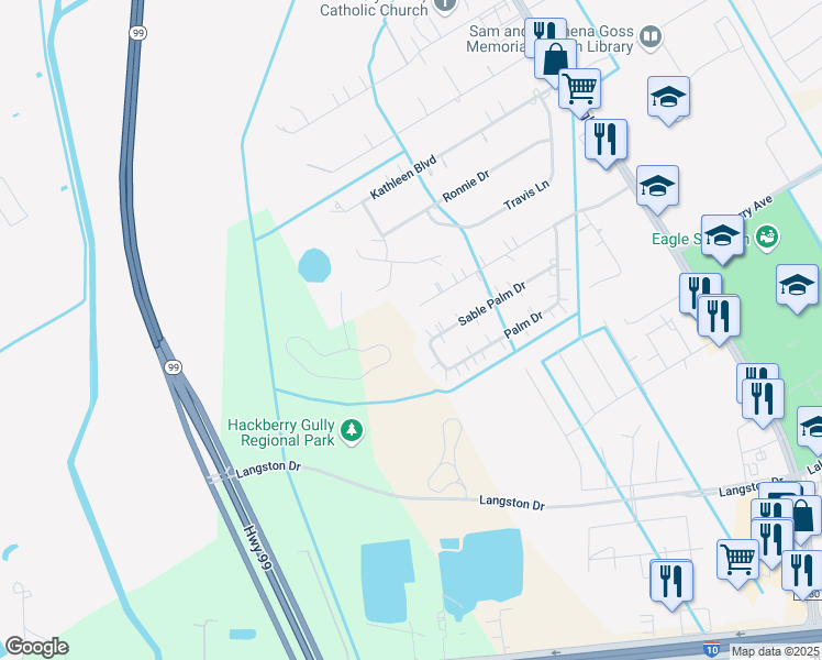 map of restaurants, bars, coffee shops, grocery stores, and more near 2919 Sable Palm Drive in Baytown