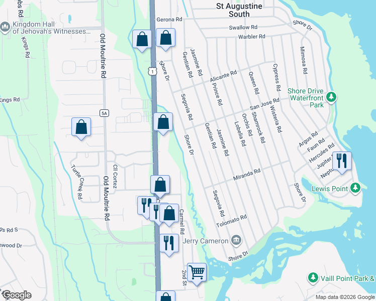 map of restaurants, bars, coffee shops, grocery stores, and more near 5251 Shore Drive in St. Augustine