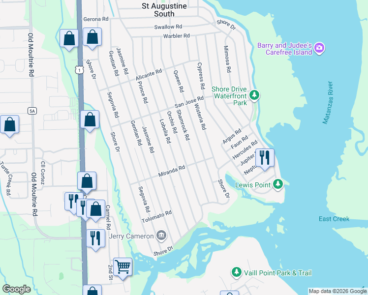 map of restaurants, bars, coffee shops, grocery stores, and more near 357 Orchis Road in St. Augustine