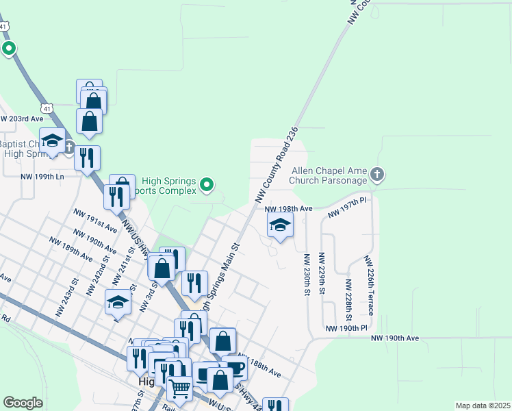 map of restaurants, bars, coffee shops, grocery stores, and more near 1024 North Main Street in High Springs