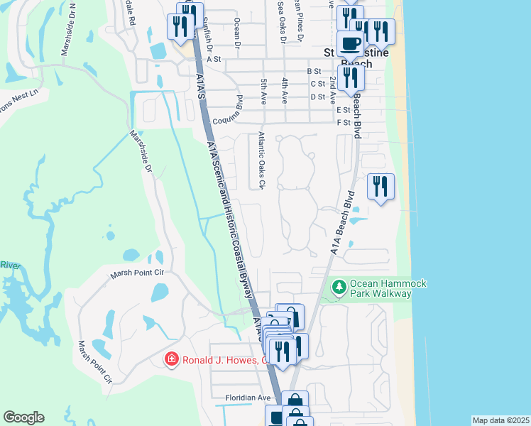 map of restaurants, bars, coffee shops, grocery stores, and more near 60 Magnolia Dunes Circle in St. Augustine