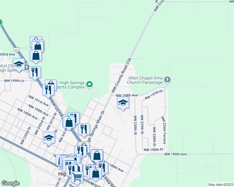 map of restaurants, bars, coffee shops, grocery stores, and more near 23335 Northwest County Road 236 in High Springs