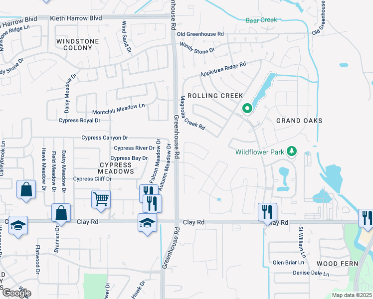 map of restaurants, bars, coffee shops, grocery stores, and more near 19038 Winding Stream Lane in Houston