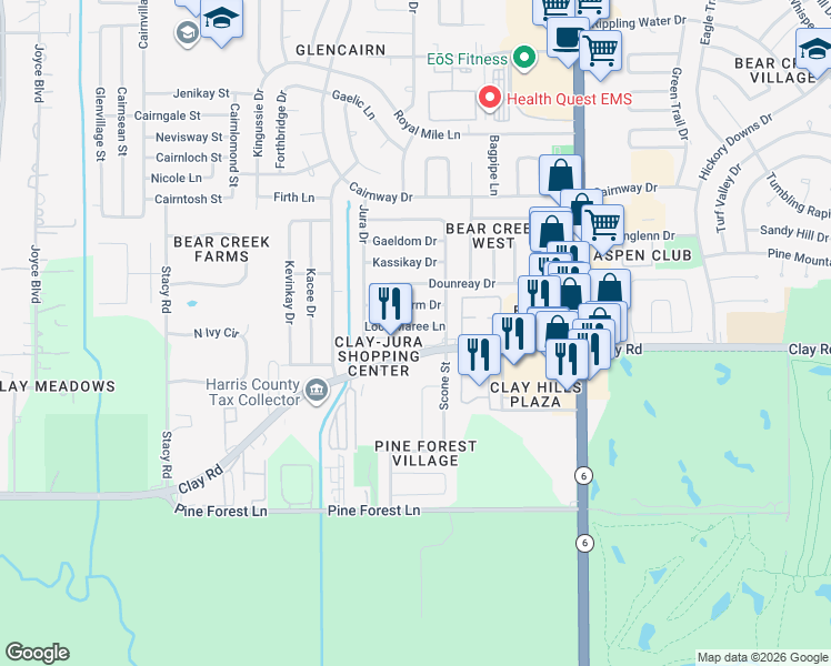map of restaurants, bars, coffee shops, grocery stores, and more near 16523 Loch Maree Lane in Houston