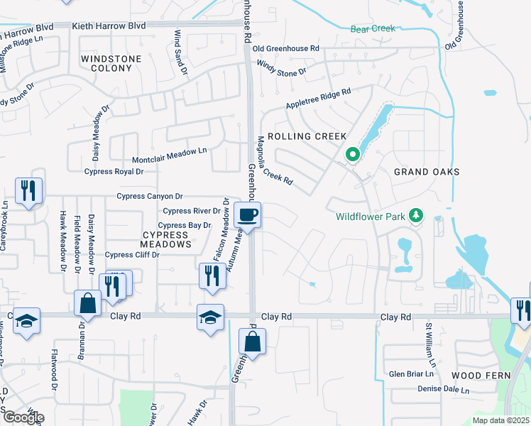 map of restaurants, bars, coffee shops, grocery stores, and more near 19038 Winding Stream Lane in Houston