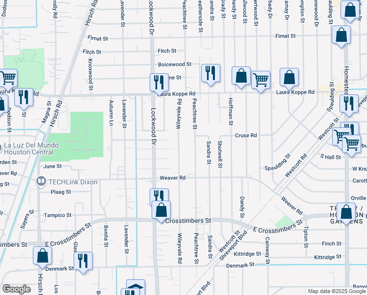 map of restaurants, bars, coffee shops, grocery stores, and more near 8320 Wileyvale Road in Houston