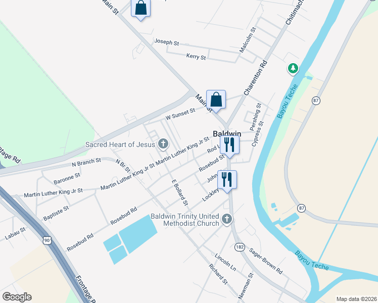 map of restaurants, bars, coffee shops, grocery stores, and more near 110 Knight Street in Baldwin