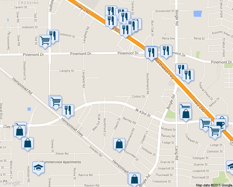 map of restaurants, bars, coffee shops, grocery stores, and more near 7038 Cotton Drive in Houston
